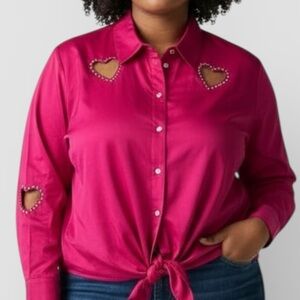 Attitudes by Renee Pink Button Down Shirt with Heart Cutouts